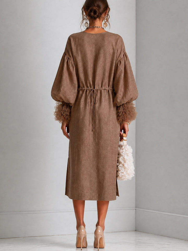 Elegant Brown Linen Midi Dress with Round Neck Balloon Sleeve Ruffle Cuff Wedding Guest