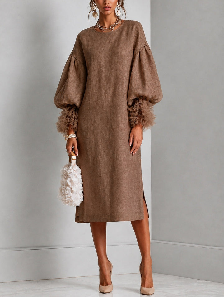 Elegant Brown Linen Midi Dress with Round Neck Balloon Sleeve Ruffle Cuff Wedding Guest