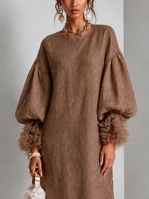 Elegant Brown Linen Midi Dress with Round Neck Balloon Sleeve Ruffle Cuff Wedding Guest