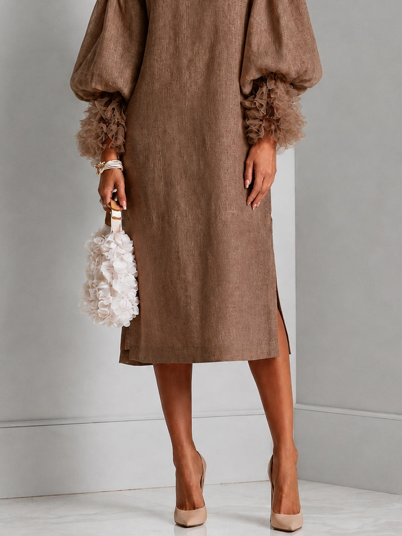 Elegant Brown Linen Midi Dress with Round Neck Balloon Sleeve Ruffle Cuff Wedding Guest