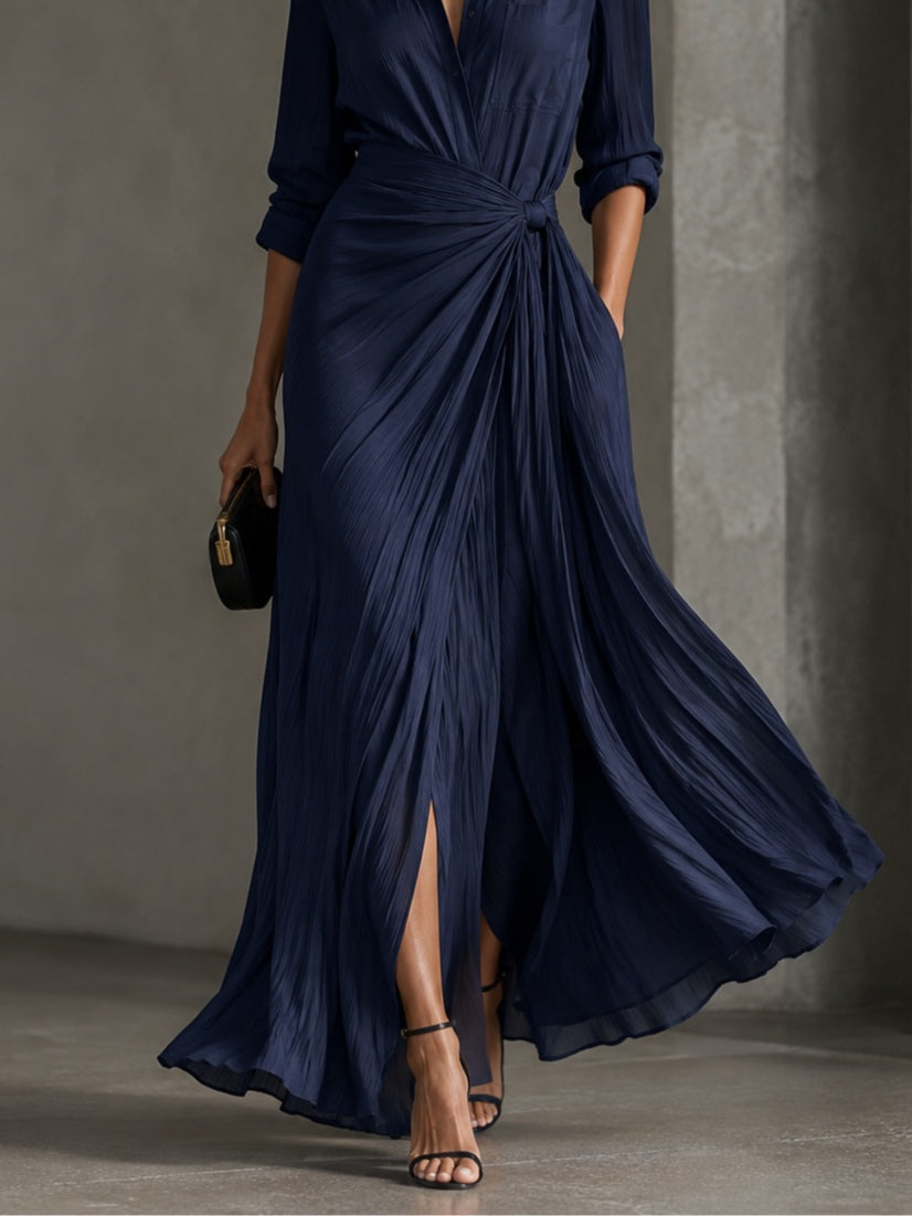 Elegant Navy Floral Off-Shoulder Tiered Maxi Dress with Long Sleeve Knotted Waist Wedding Guest