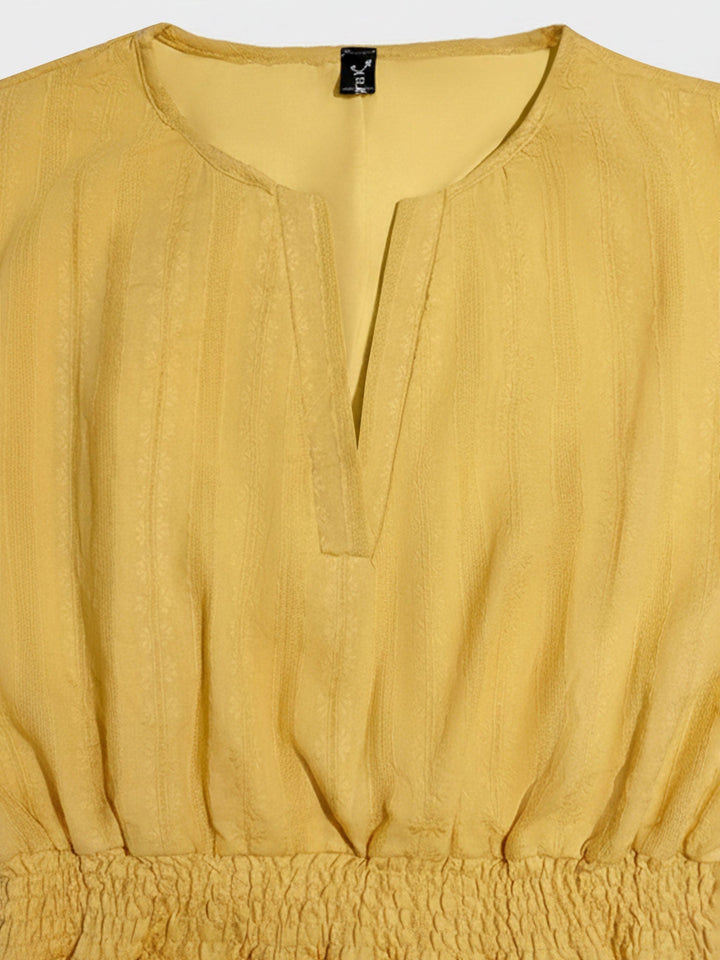 Effortless Yellow Maxi Dress for Women with Notch Neck Elastic Waist Short Sleeve