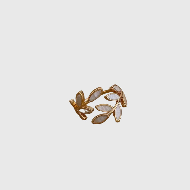 Adjustable Gold Ring with White Opal Leaf