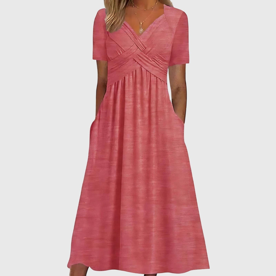 Comfortable Maxi Dress for Women with Surplice V Neck Short Sleeve Side Pockets Casual Style