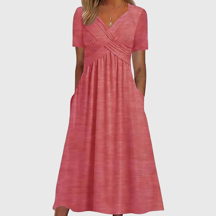 Comfortable Maxi Dress for Women with Surplice V Neck Short Sleeve Side Pockets Casual Style