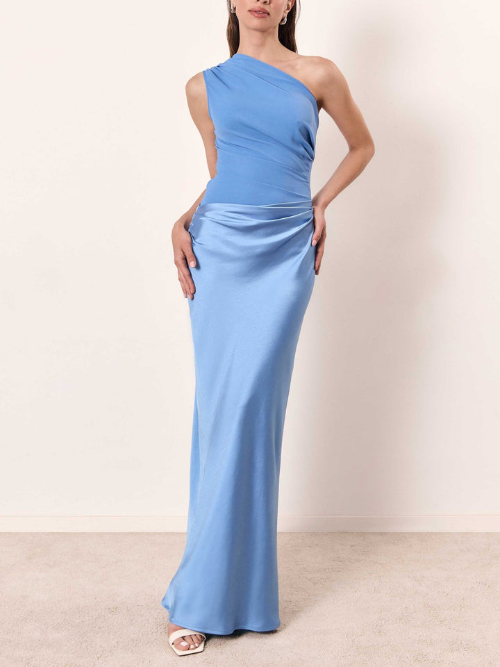 Elegant Satin Maxi Dress with One Shoulder Ruched Waist Bias Cut Formal Wedding Guest