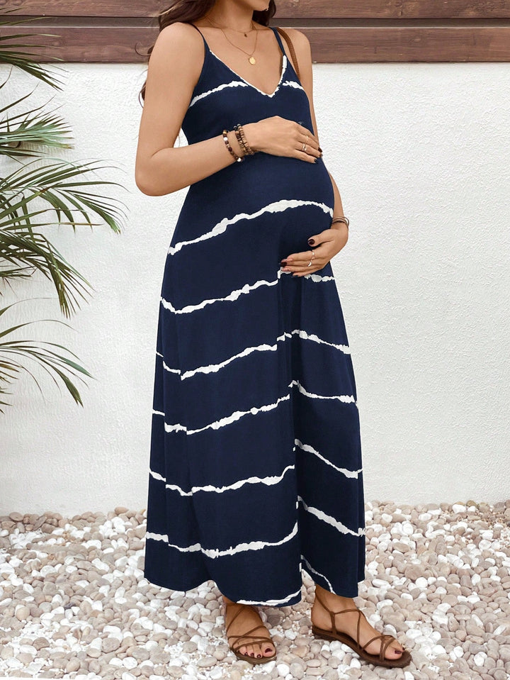 Elegant Navy Tie Dye Maternity Maxi Dress with V Neck Spaghetti Strap Flowing Bohemian