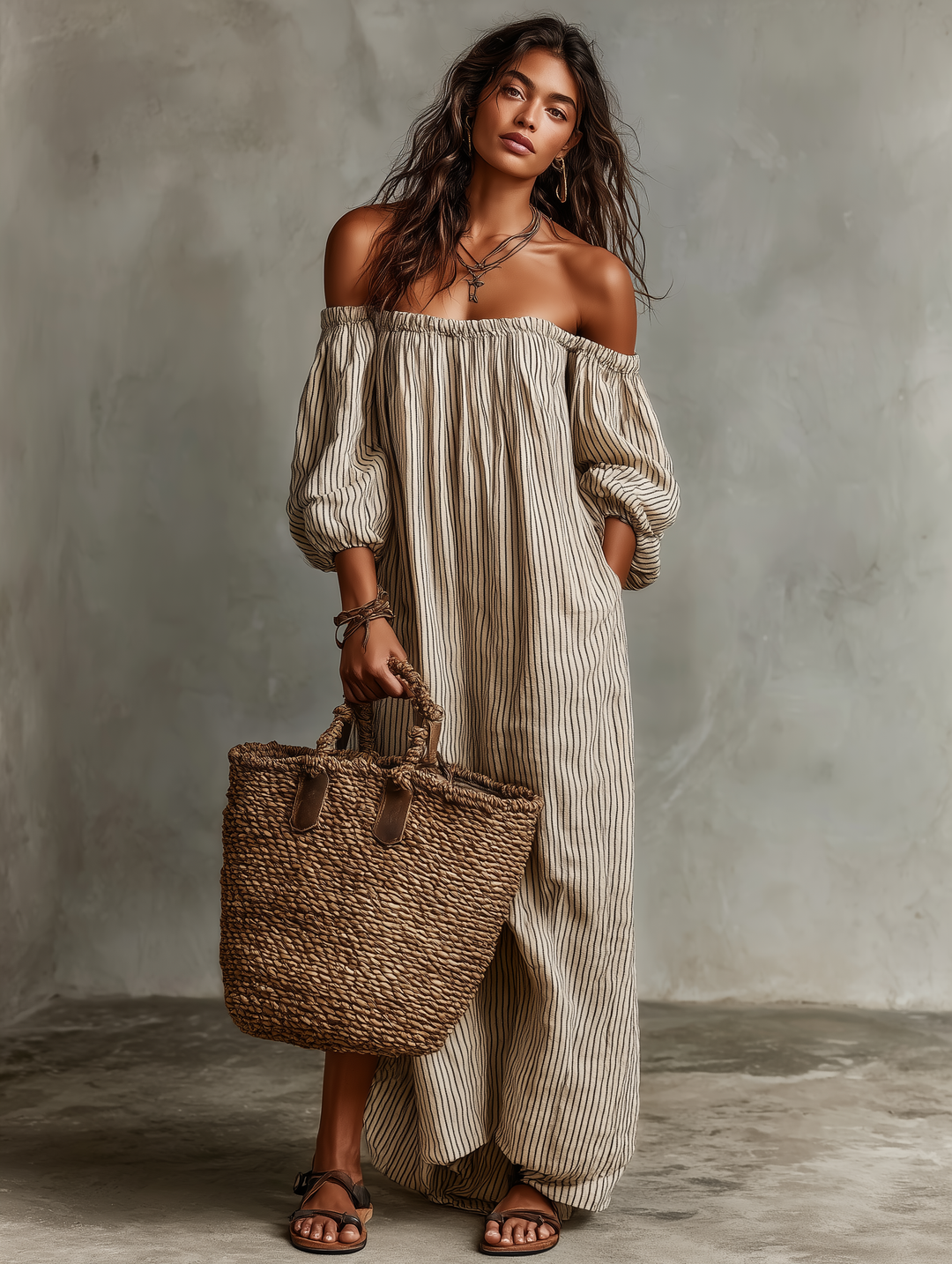 Effortless Striped Linen Maxi Dress with Off Shoulder Puff Sleeve Flowing Casual Summer