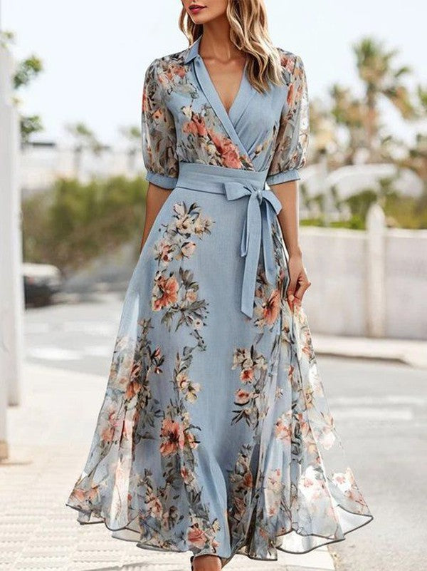Elegant Blue Floral Wrap Maxi Dress with V-Neck Puff Sleeve Tie Waist Wedding Guest