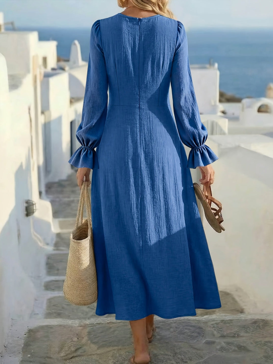 Elegant Blue Long Sleeve Maxi Dress with Round Neck Ruffle Cuff Crisscross Waist