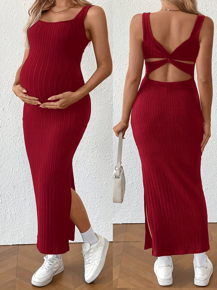 Elegant Ribbed Knit Maternity Maxi Dress with Square Neck Crisscross Back Bodycon
