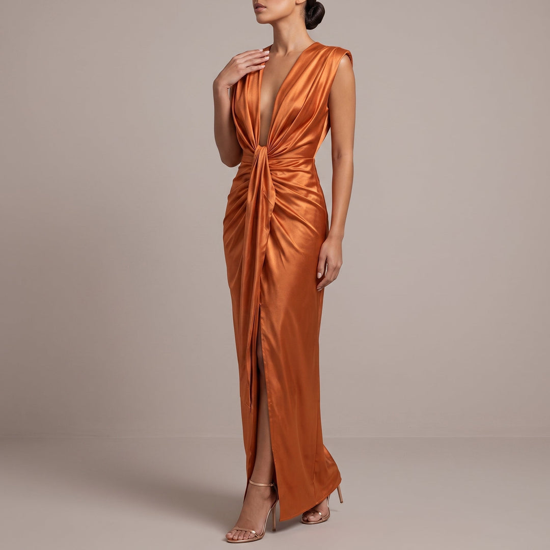 Elegant Ruched Fall Wedding Guest Dress for Women with Plunge V Neck Sleeveless Front Slit Style