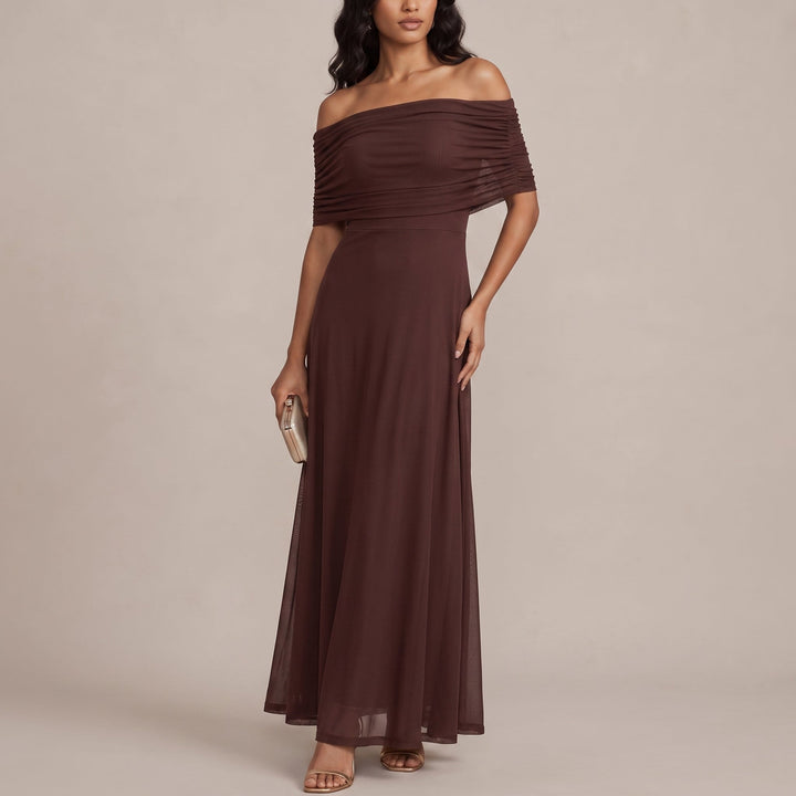 Elegant Off Shoulder Fall Wedding Guest Dress with Ruched Flutter Sleeve Flowing Maxi
