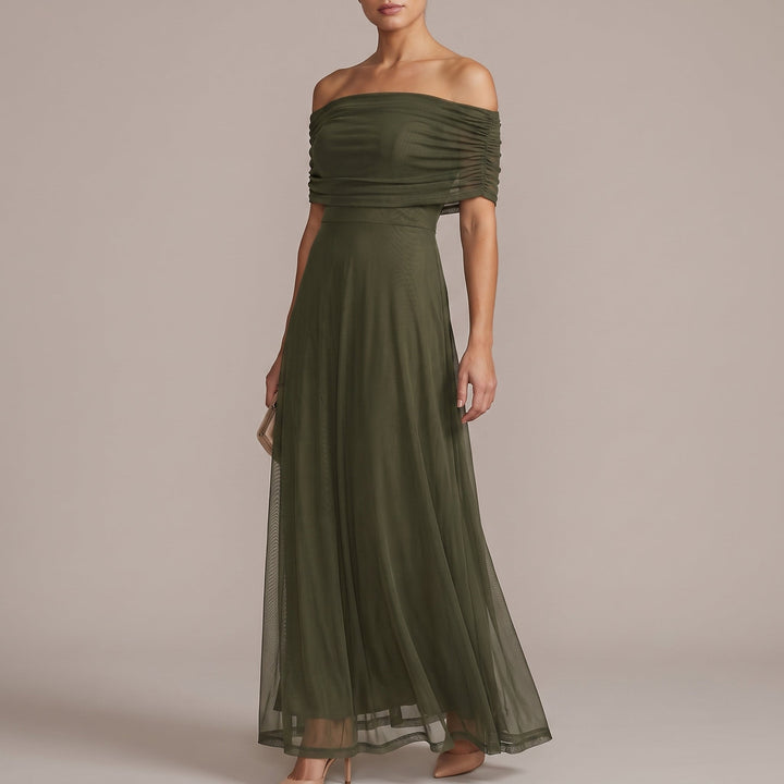 Elegant Off Shoulder Fall Wedding Guest Dress with Ruched Flutter Sleeve Flowing Maxi