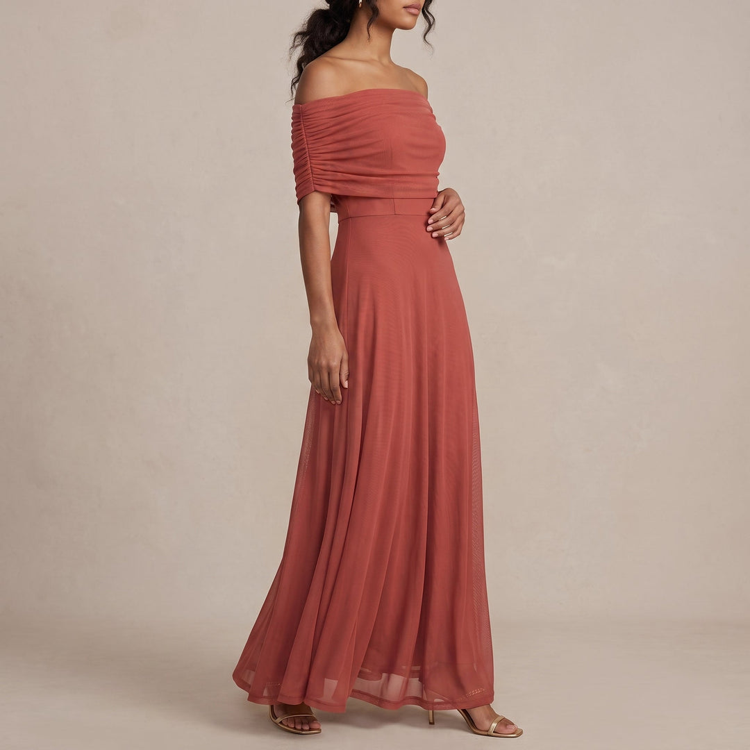 Elegant Off Shoulder Fall Wedding Guest Dress with Ruched Flutter Sleeve Flowing Maxi