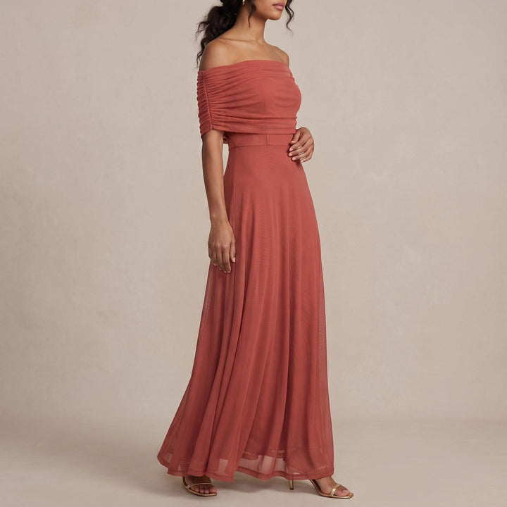 Elegant Off Shoulder Fall Wedding Guest Dress with Ruched Flutter Sleeve Flowing Maxi