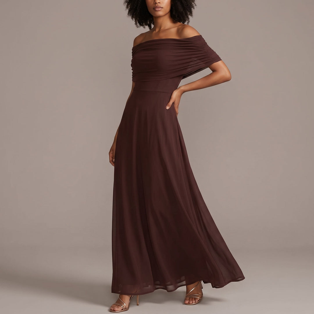 Elegant Off Shoulder Fall Wedding Guest Dress with Ruched Flutter Sleeve Flowing Maxi