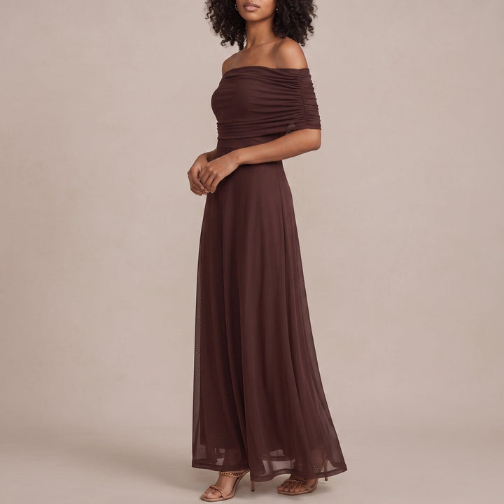 Elegant Off Shoulder Fall Wedding Guest Dress with Ruched Flutter Sleeve Flowing Maxi