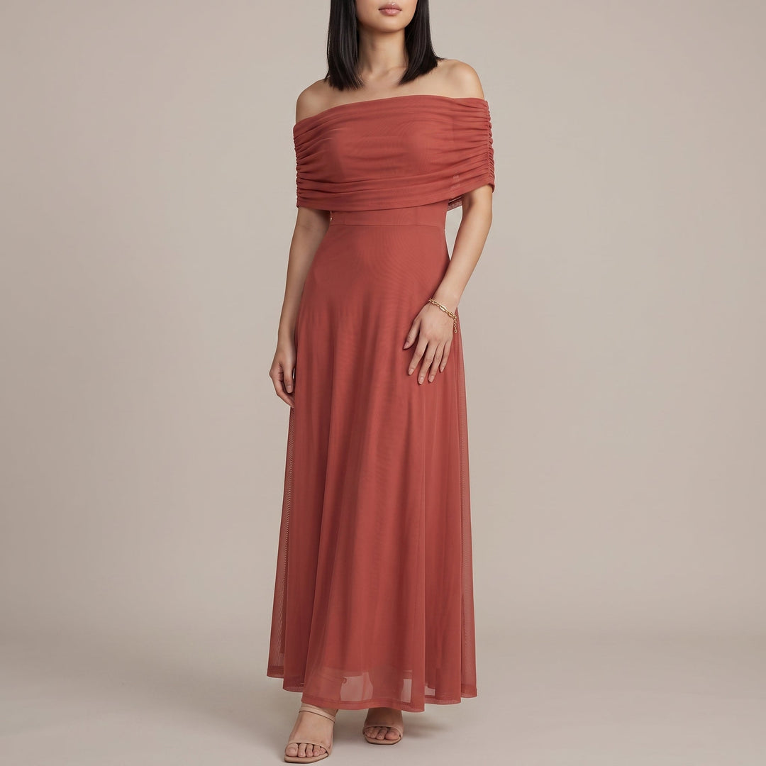 Elegant Off Shoulder Fall Wedding Guest Dress with Ruched Flutter Sleeve Flowing Maxi