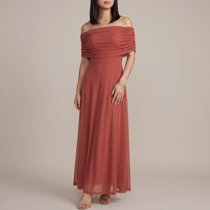 Elegant Off Shoulder Fall Wedding Guest Dress with Ruched Flutter Sleeve Flowing Maxi