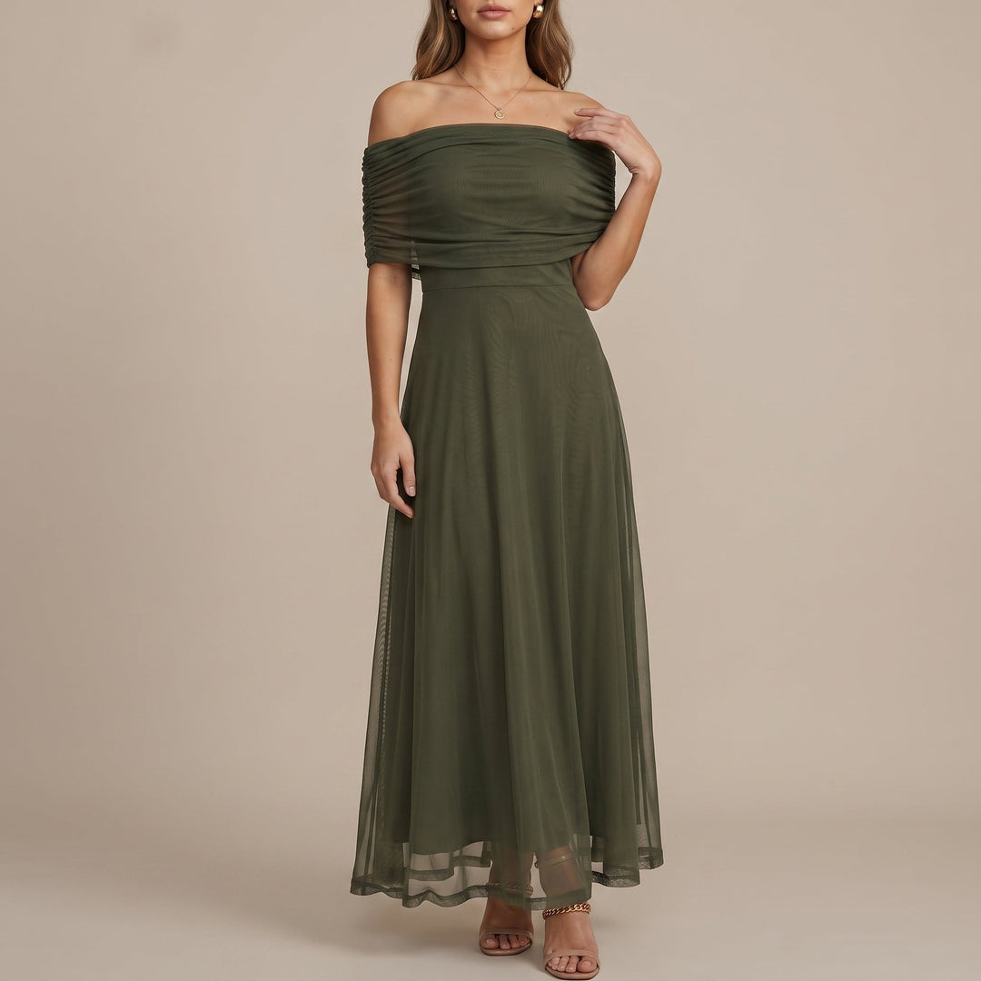 Elegant Off Shoulder Fall Wedding Guest Dress with Ruched Flutter Sleeve Flowing Maxi