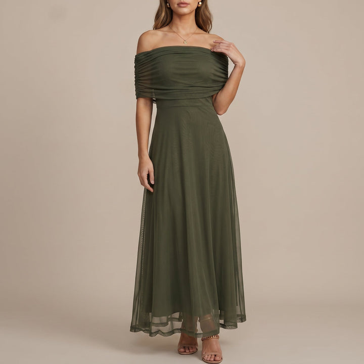 Elegant Off Shoulder Fall Wedding Guest Dress with Ruched Flutter Sleeve Flowing Maxi