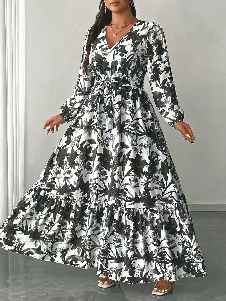 Elegant Floral Long Sleeve Maxi Dress for Women with V Neck Wrap Tie Waist Ruffle Hem Bohemian Style