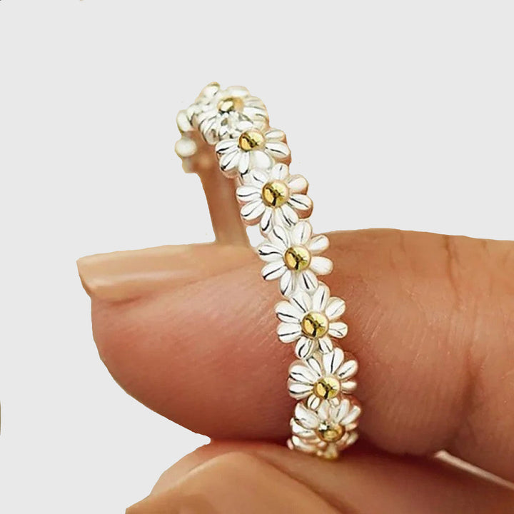 Adjustable Silver Ring with Hand-Painted Enamel Daisy