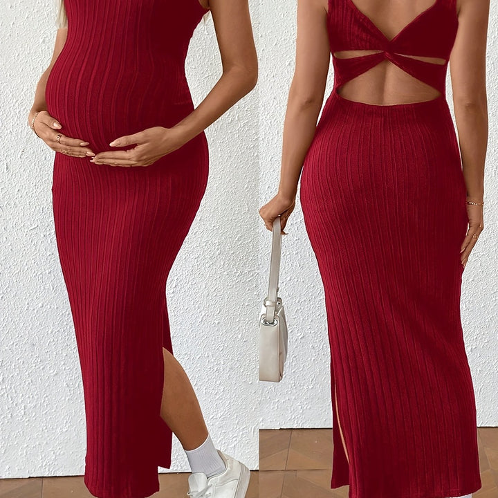 Elegant Ribbed Knit Maternity Maxi Dress with Square Neck Crisscross Back Bodycon