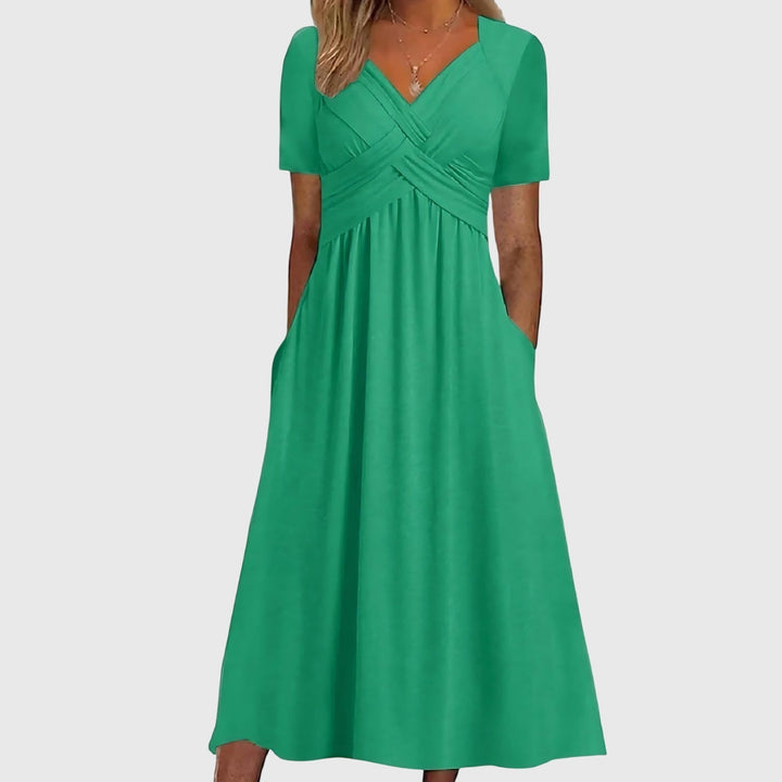 Comfortable Maxi Dress for Women with Surplice V Neck Short Sleeve Side Pockets Casual Style
