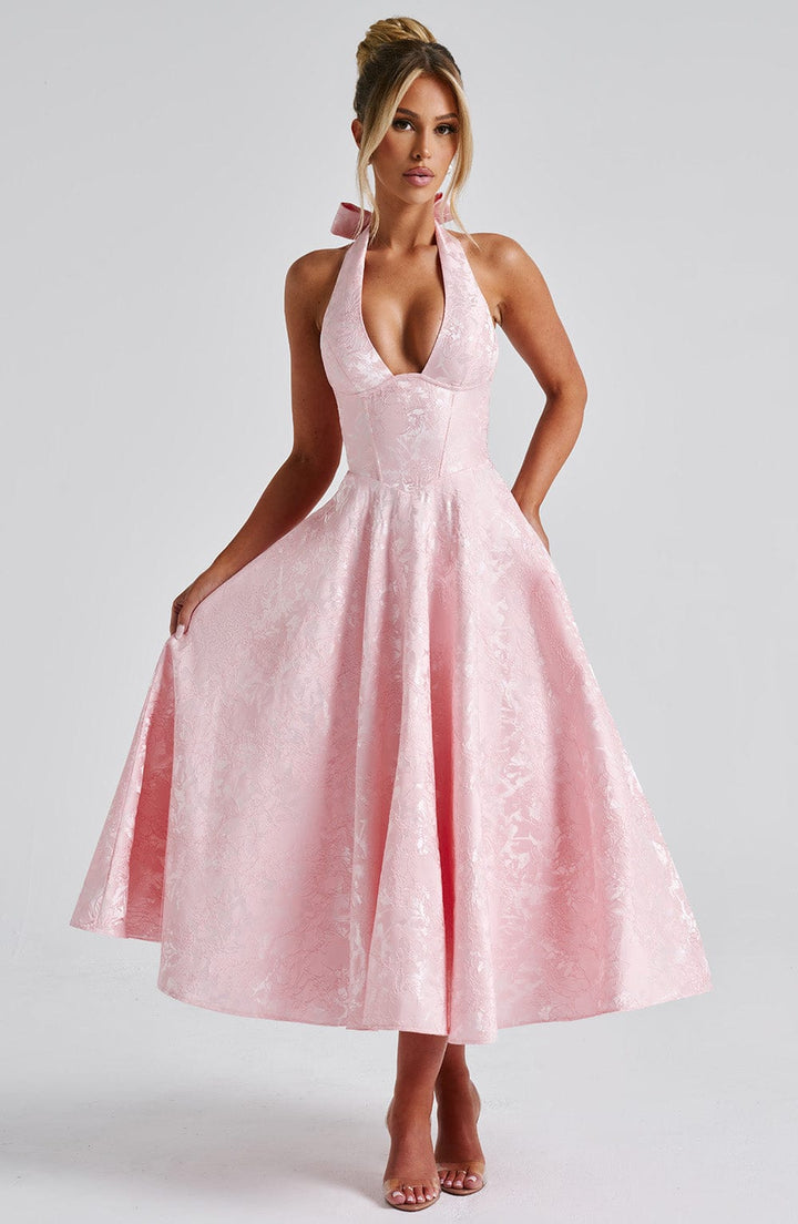 Elegant Halter Fall Wedding Guest Dress with Plunging Neck Fit and Flare Lace Up Midi
