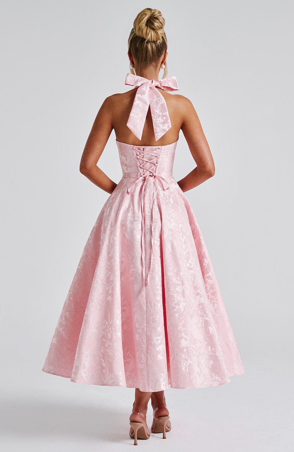 Elegant Halter Fall Wedding Guest Dress with Plunging Neck Fit and Flare Lace Up Midi