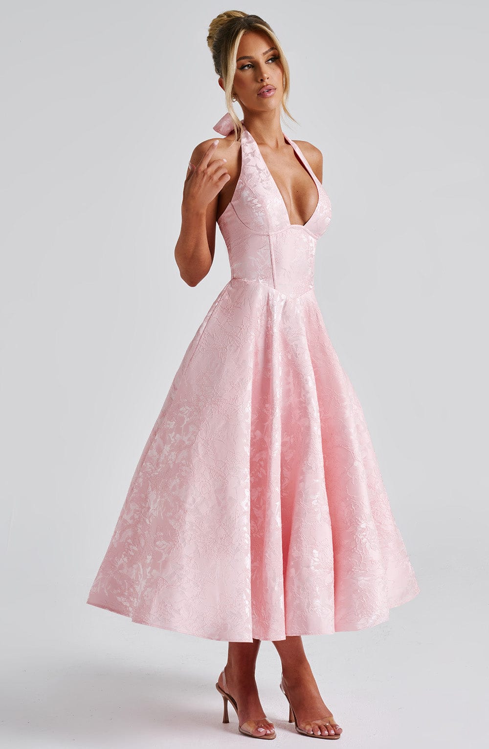 Elegant Halter Fall Wedding Guest Dress with Plunging Neck Fit and Flare Lace Up Midi