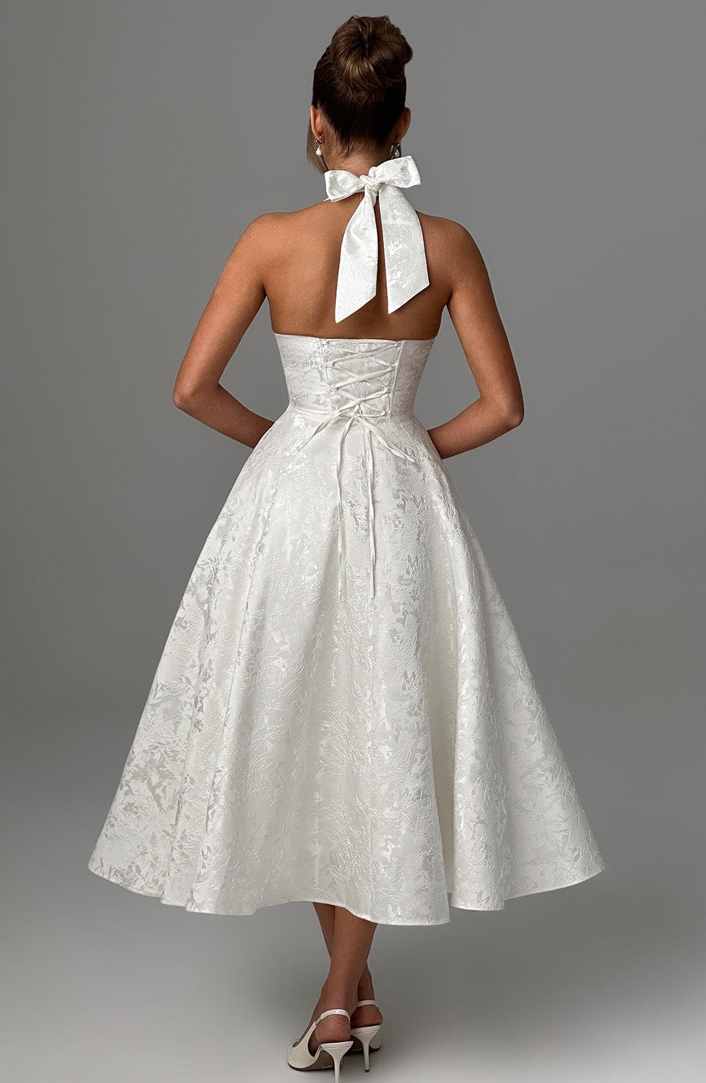 Elegant Halter Fall Wedding Guest Dress with Plunging Neck Fit and Flare Lace Up Midi