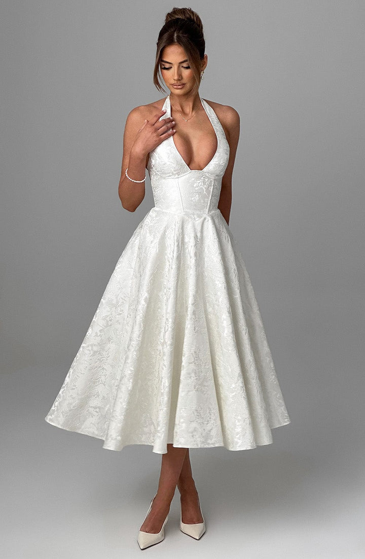 Elegant Halter Fall Wedding Guest Dress with Plunging Neck Fit and Flare Lace Up Midi