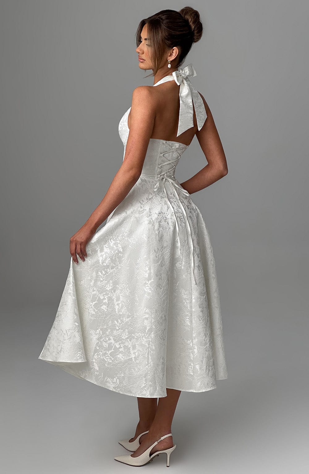 Elegant Halter Fall Wedding Guest Dress with Plunging Neck Fit and Flare Lace Up Midi
