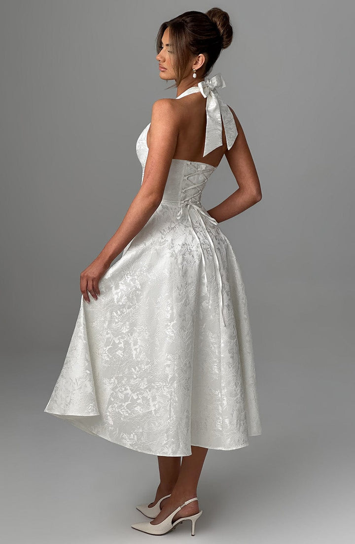 Elegant Halter Fall Wedding Guest Dress with Plunging Neck Fit and Flare Lace Up Midi