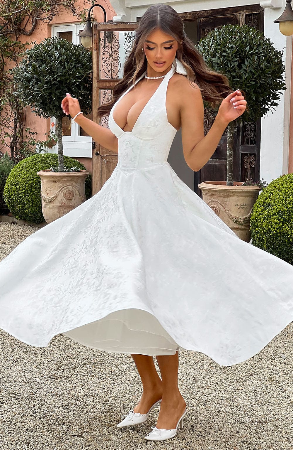 Elegant Halter Fall Wedding Guest Dress with Plunging Neck Fit and Flare Lace Up Midi
