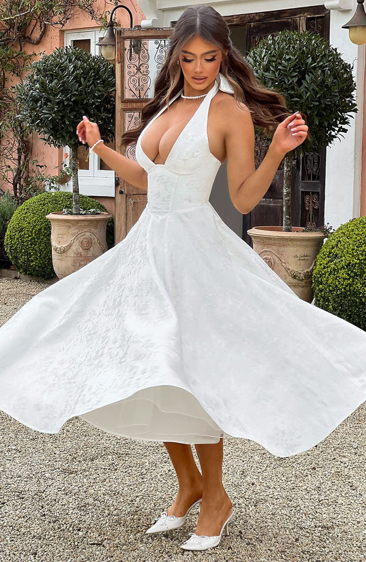 Elegant Halter Fall Wedding Guest Dress with Plunging Neck Fit and Flare Lace Up Midi