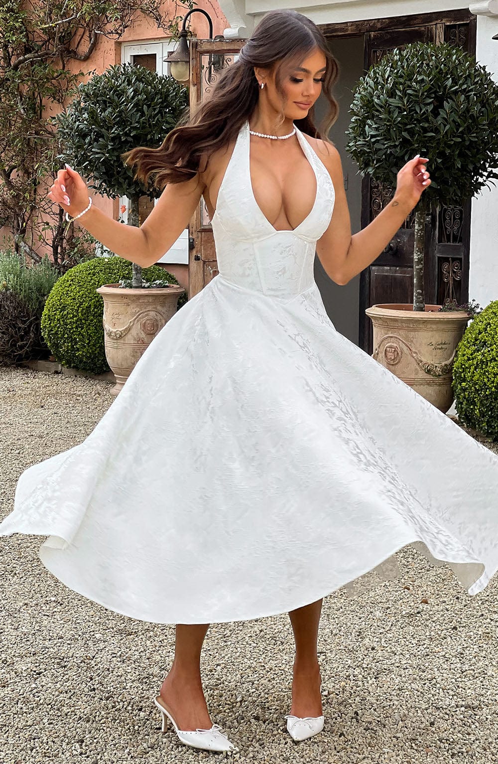 Elegant Halter Fall Wedding Guest Dress with Plunging Neck Fit and Flare Lace Up Midi
