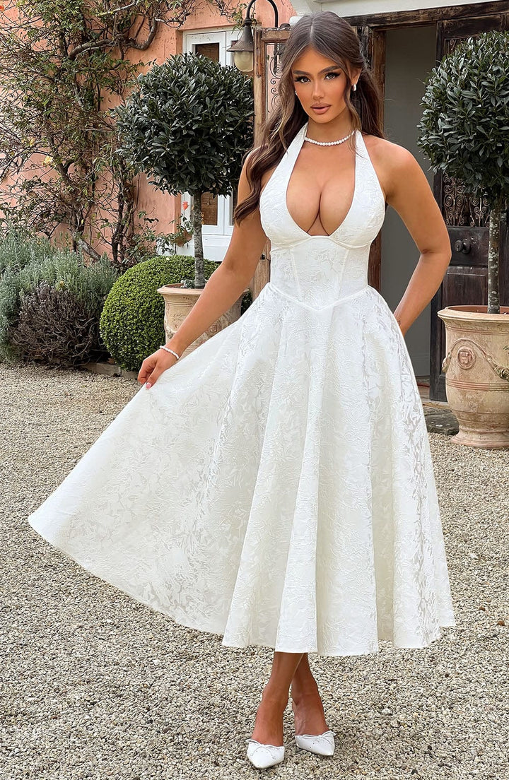 Elegant Halter Fall Wedding Guest Dress with Plunging Neck Fit and Flare Lace Up Midi