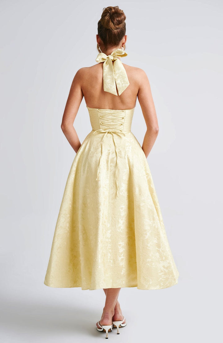 Elegant Halter Fall Wedding Guest Dress with Plunging Neck Fit and Flare Lace Up Midi