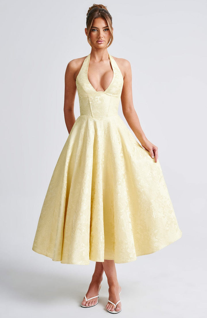Elegant Halter Fall Wedding Guest Dress with Plunging Neck Fit and Flare Lace Up Midi