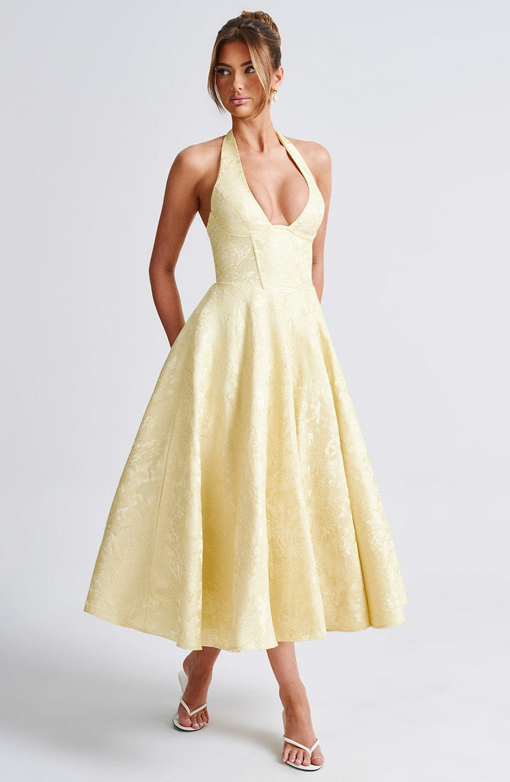 Elegant Halter Fall Wedding Guest Dress with Plunging Neck Fit and Flare Lace Up Midi