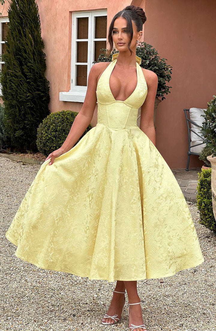 Elegant Halter Fall Wedding Guest Dress with Plunging Neck Fit and Flare Lace Up Midi