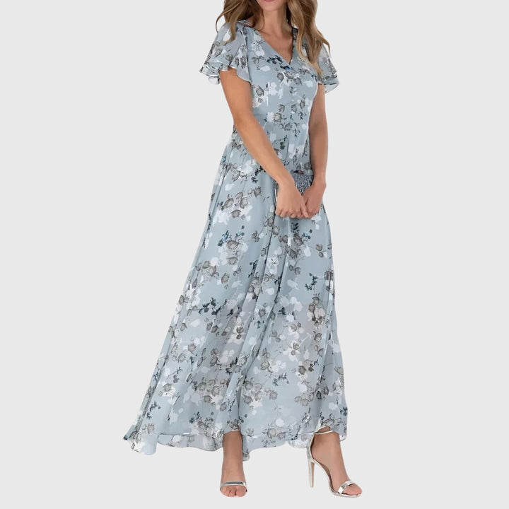 Effortless Floral Maxi Dress for Women with V Neck Flutter Sleeve Flowing Chiffon Boho Style