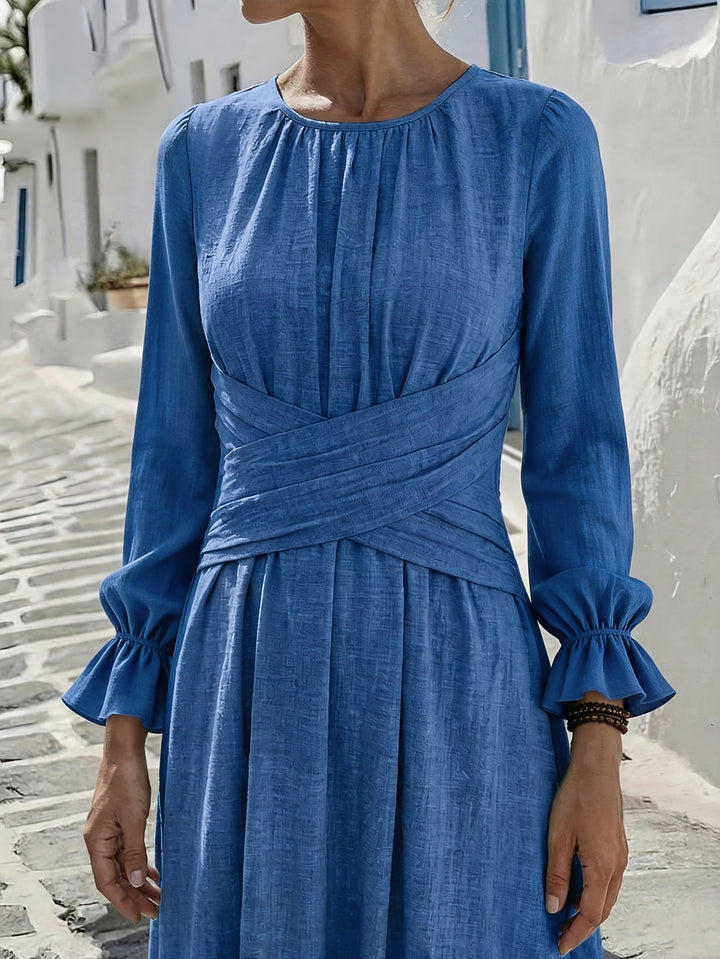 Elegant Blue Long Sleeve Maxi Dress with Round Neck Ruffle Cuff Crisscross Waist