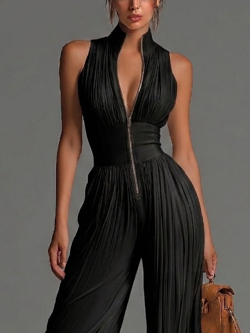 Black sleeveless jumpsuit with V-neck, zipper, pleated, and wide leg in chiffon