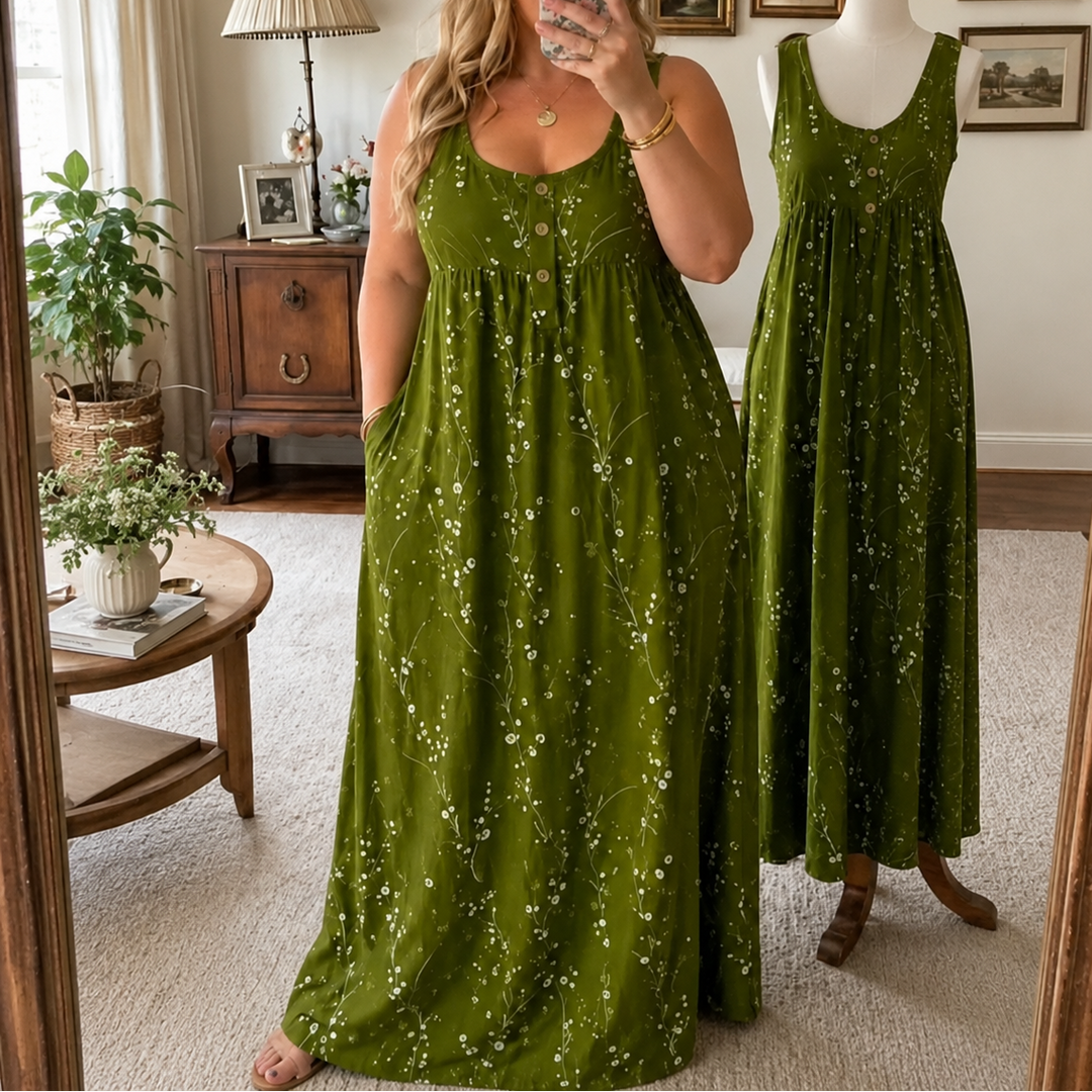 Effortless Floral Maxi Dress for Women with Scoop Neck Sleeveless Button Front Flowing Fall Style