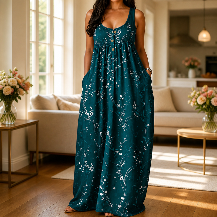 Effortless Plus Size Floral Maxi Dress with Scoop Neck Button Front Autumn Style